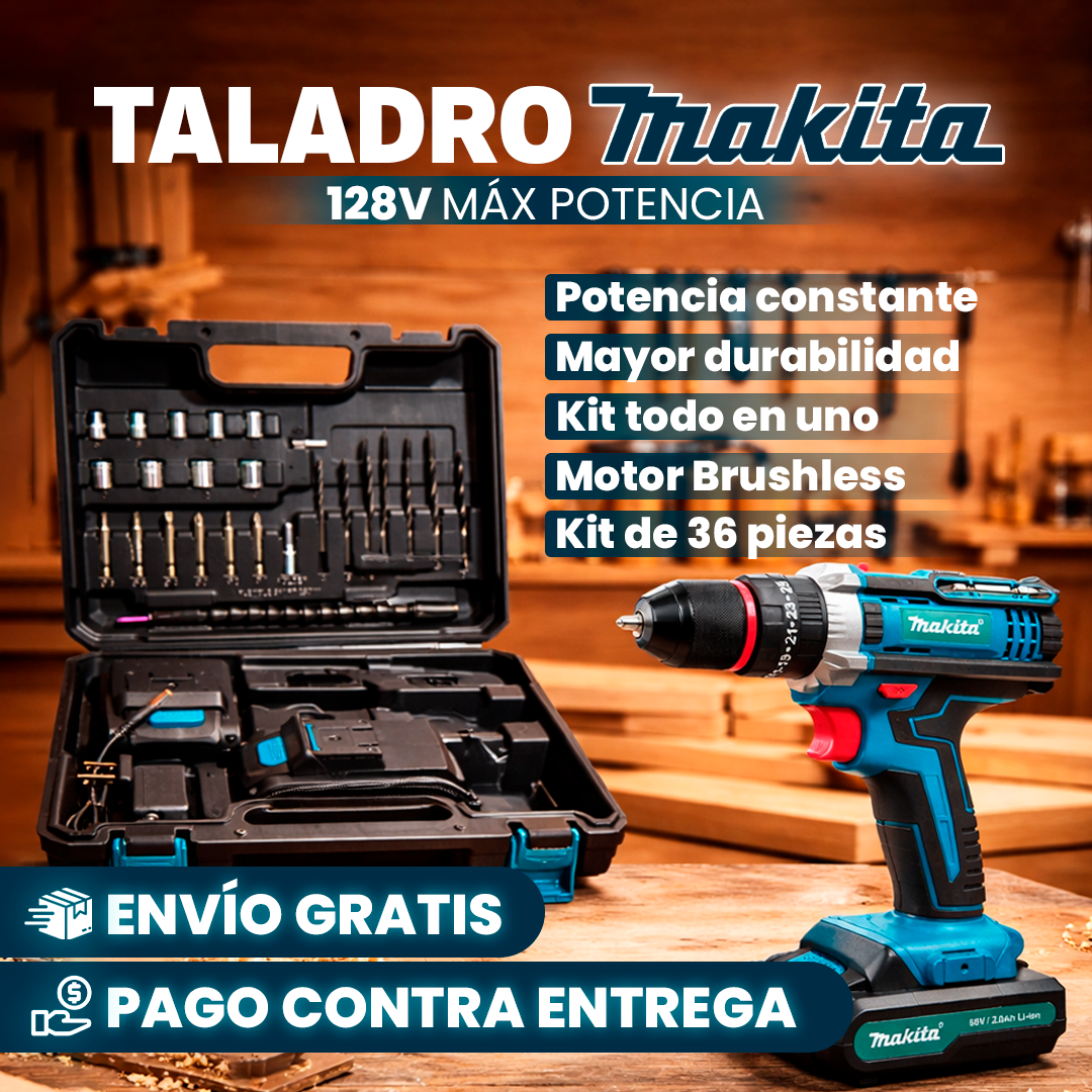 🔥 TALADRO PERCUTOR INALÁMBRICO 1/2” BRUSHLESS 128V + KIT COMPLETO 36 PIEZAS