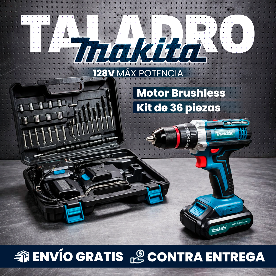 🔥 TALADRO PERCUTOR INALÁMBRICO 1/2” BRUSHLESS 128V + KIT COMPLETO 36 PIEZAS