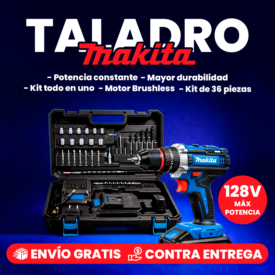🔥 TALADRO PERCUTOR INALÁMBRICO 1/2” BRUSHLESS 128V + KIT COMPLETO 36 PIEZAS